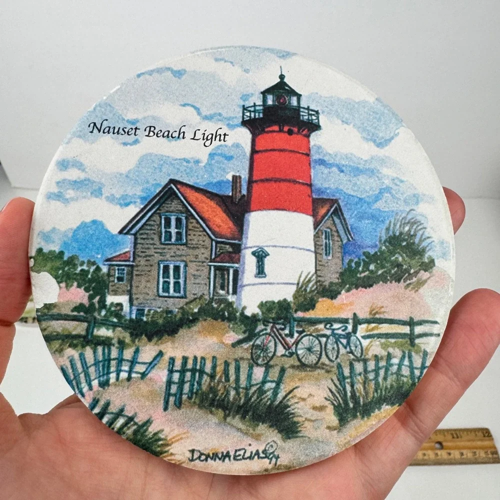 Donna Elias Art Nauset Beach Nobska Light House Round Coaster Stone Beach Theme
